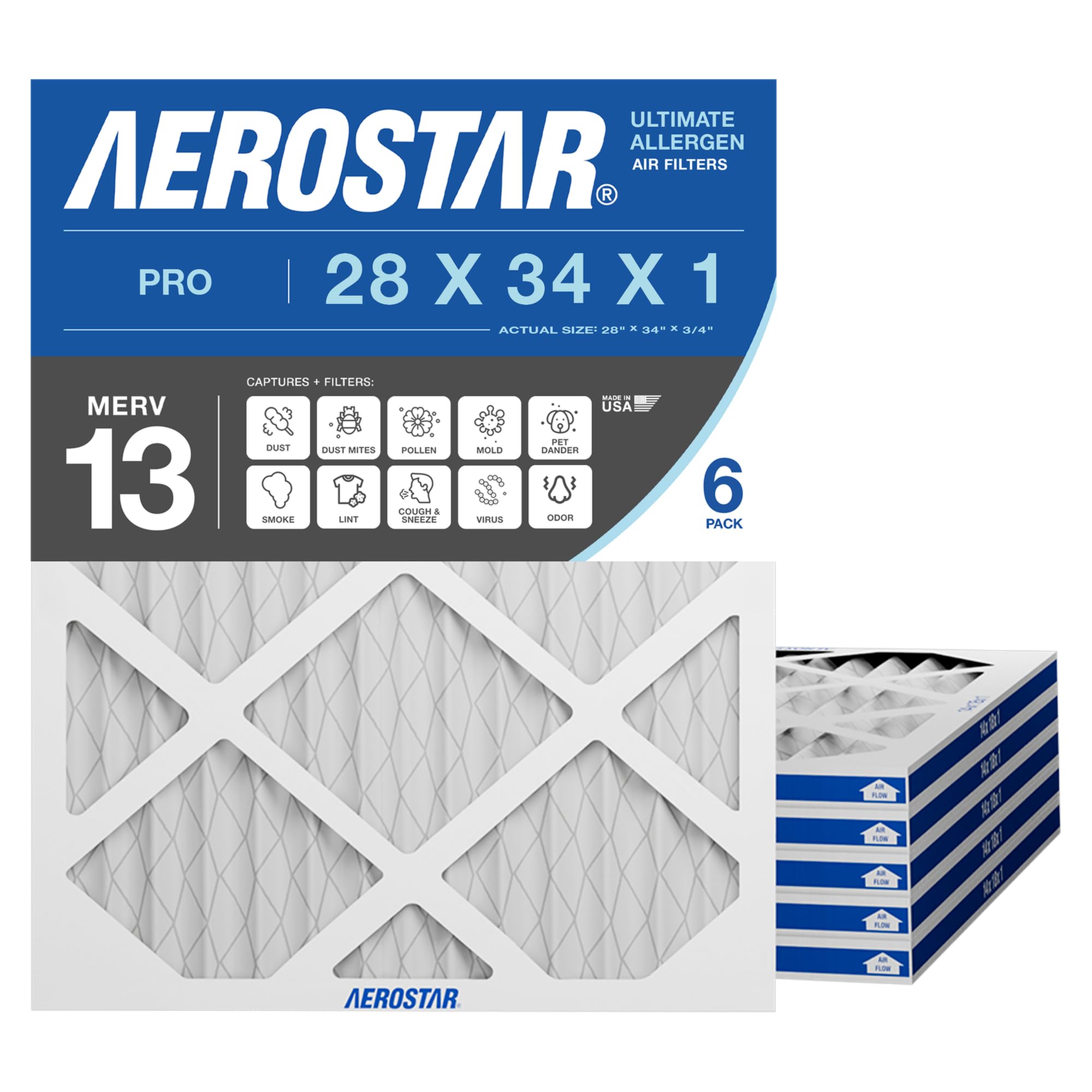 Aerostar 28x34x1 MERV 13 High Efficiency Pleated Air Filter, 6